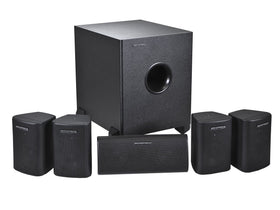 Monoprice 5.1 satellite front view with black finish for immersive room-filling sound.