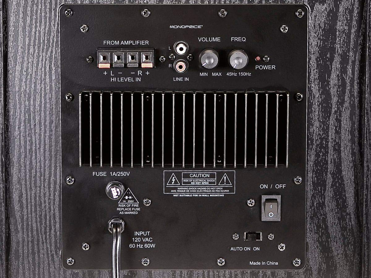 Monoprice 60W 8-Inch subwoofer control knobs showing gain and crossover