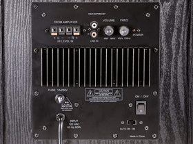 Monoprice 60W 8-Inch subwoofer control knobs showing gain and crossover