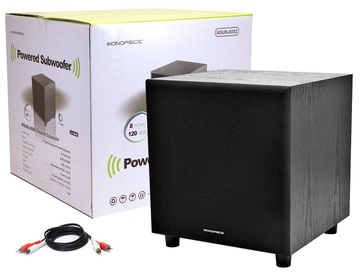 Monoprice 60W 8-Inch subwoofer integrated into a compact studio or living room setup