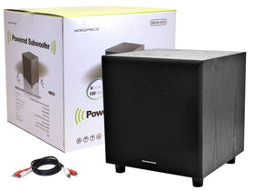 Monoprice 60W 8-Inch subwoofer integrated into a compact studio or living room setup