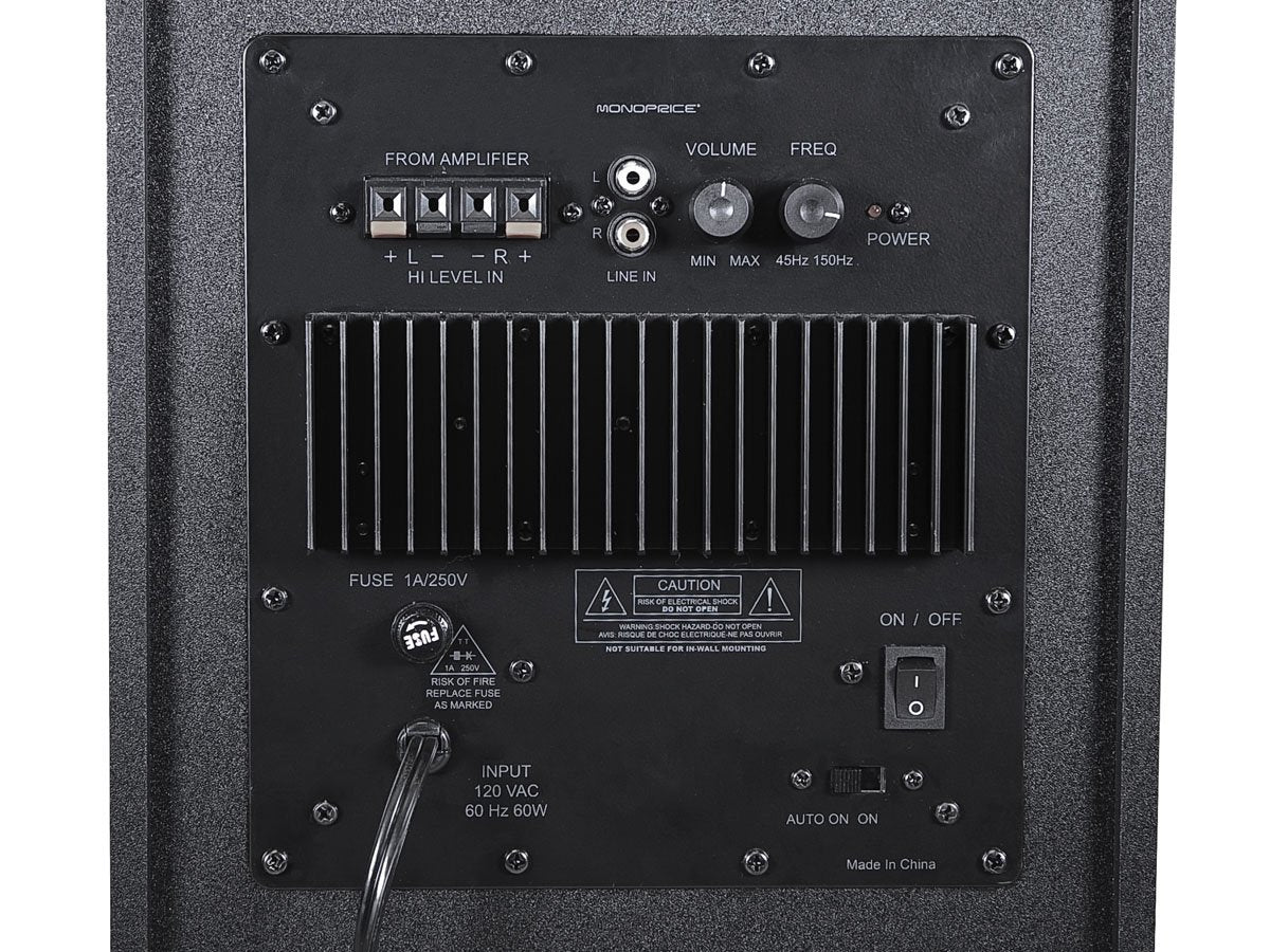 Monoprice 8-inch powered subwoofer downward-firing design delivers deep bass with adjustable crossover.
