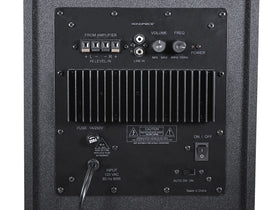 Monoprice 8-inch powered subwoofer downward-firing design delivers deep bass with adjustable crossover.
