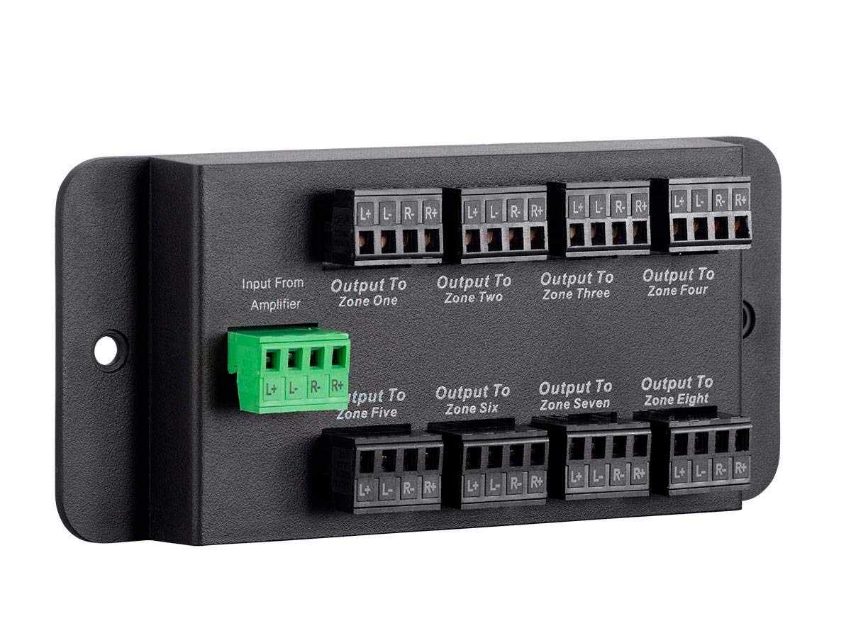 Monoprice 8-Zone Hub rear panel showing easy single-amp connections.