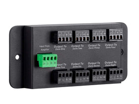 Monoprice 8-Zone Hub rear panel showing easy single-amp connections.