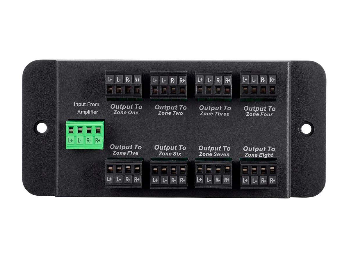 Monoprice 8-Zone Hub terminal blocks enable tidy speaker wire connections.