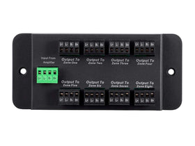 Monoprice 8-Zone Hub terminal blocks enable tidy speaker wire connections.