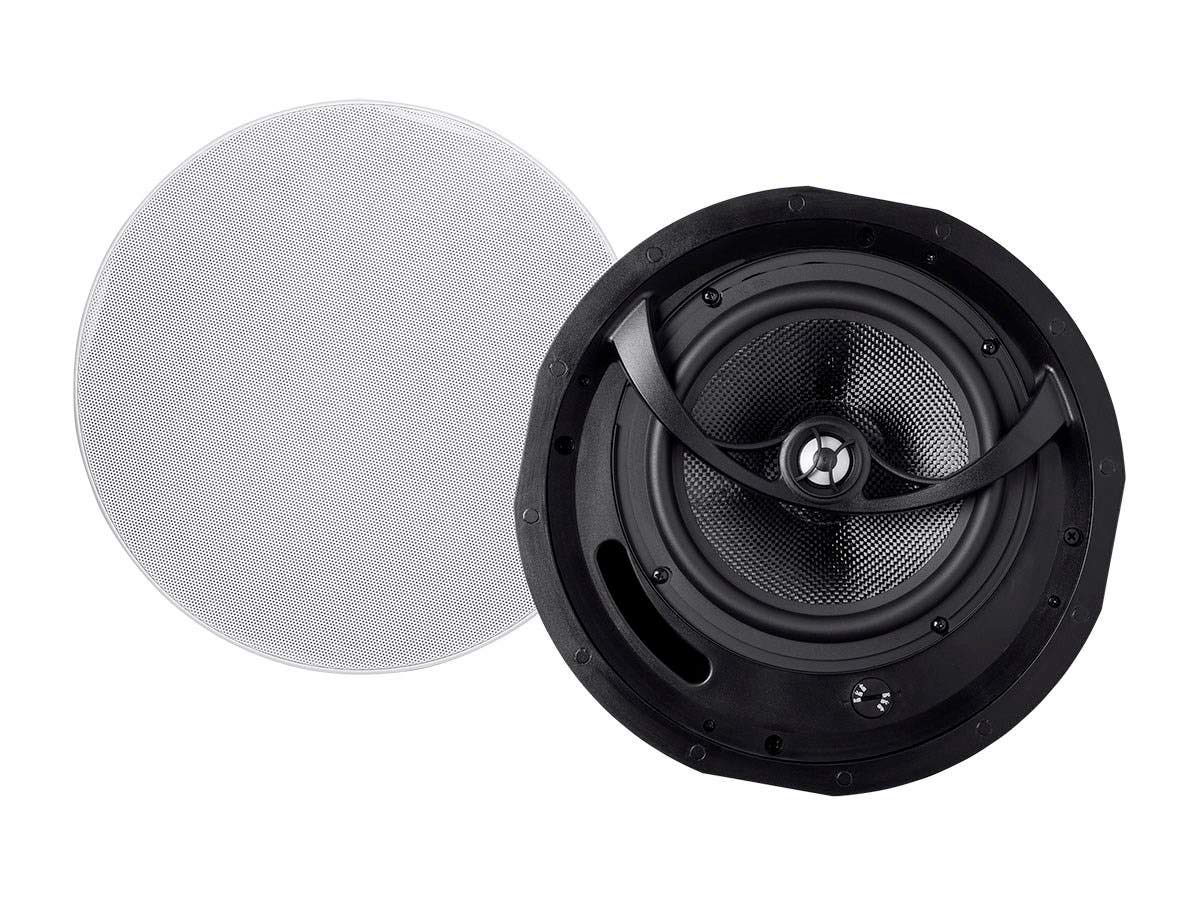 Monoprice Alpha 2-Way ceiling speaker with carbon fiber woofer delivering deeper bass and clean highs.