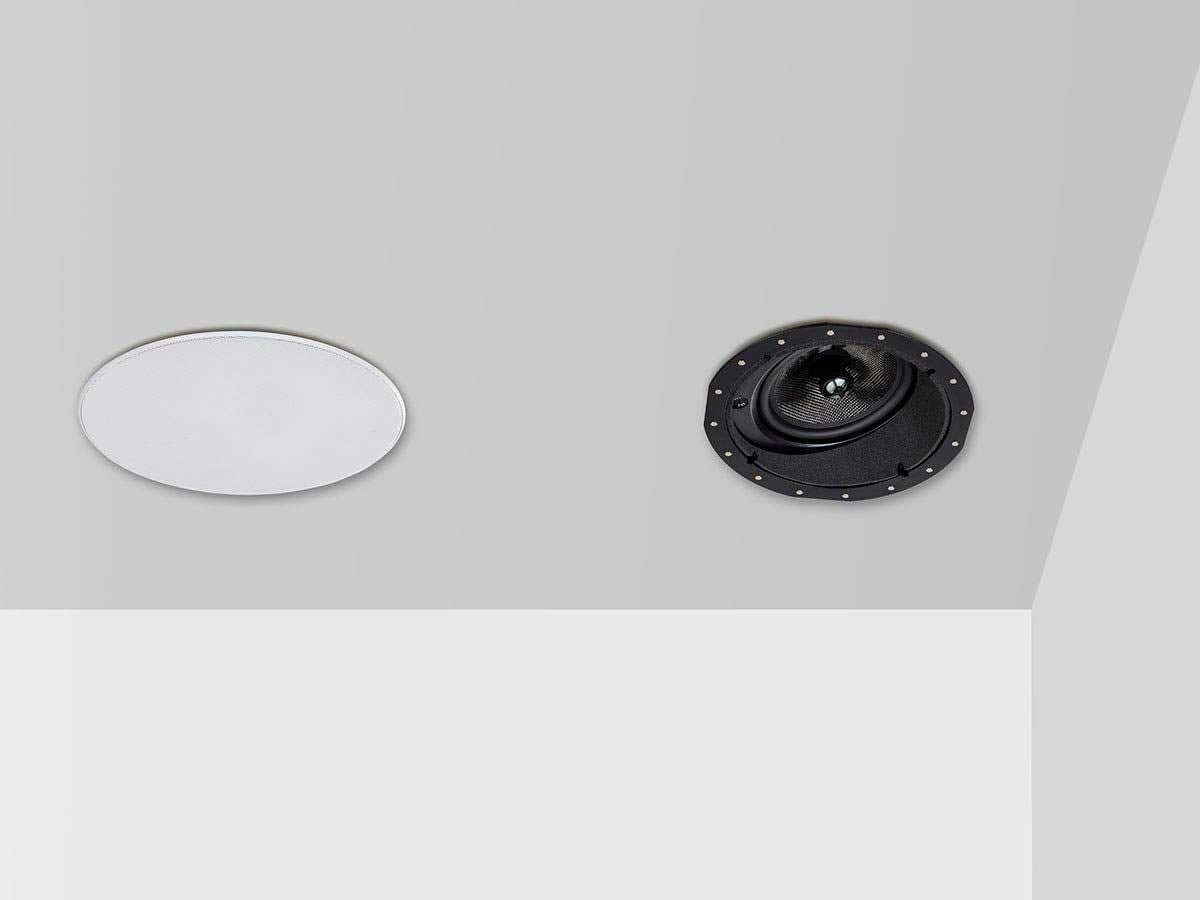 Paintable magnetic grille on Monoprice Alpha ceiling speaker for discreet integration