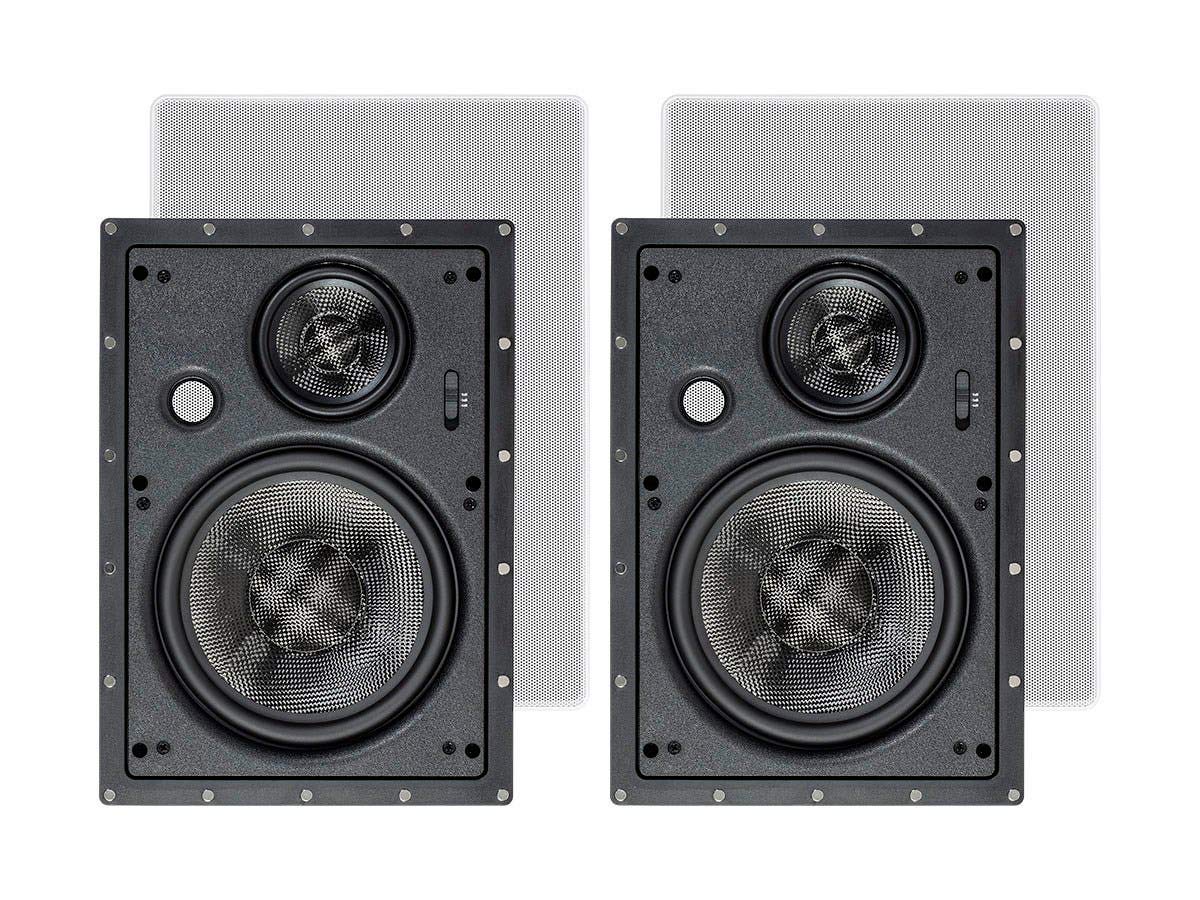 Monoprice Alpha 3-Way Carbon Fiber In-Wall 8-Inch front view highlights space-saving home theater integration.