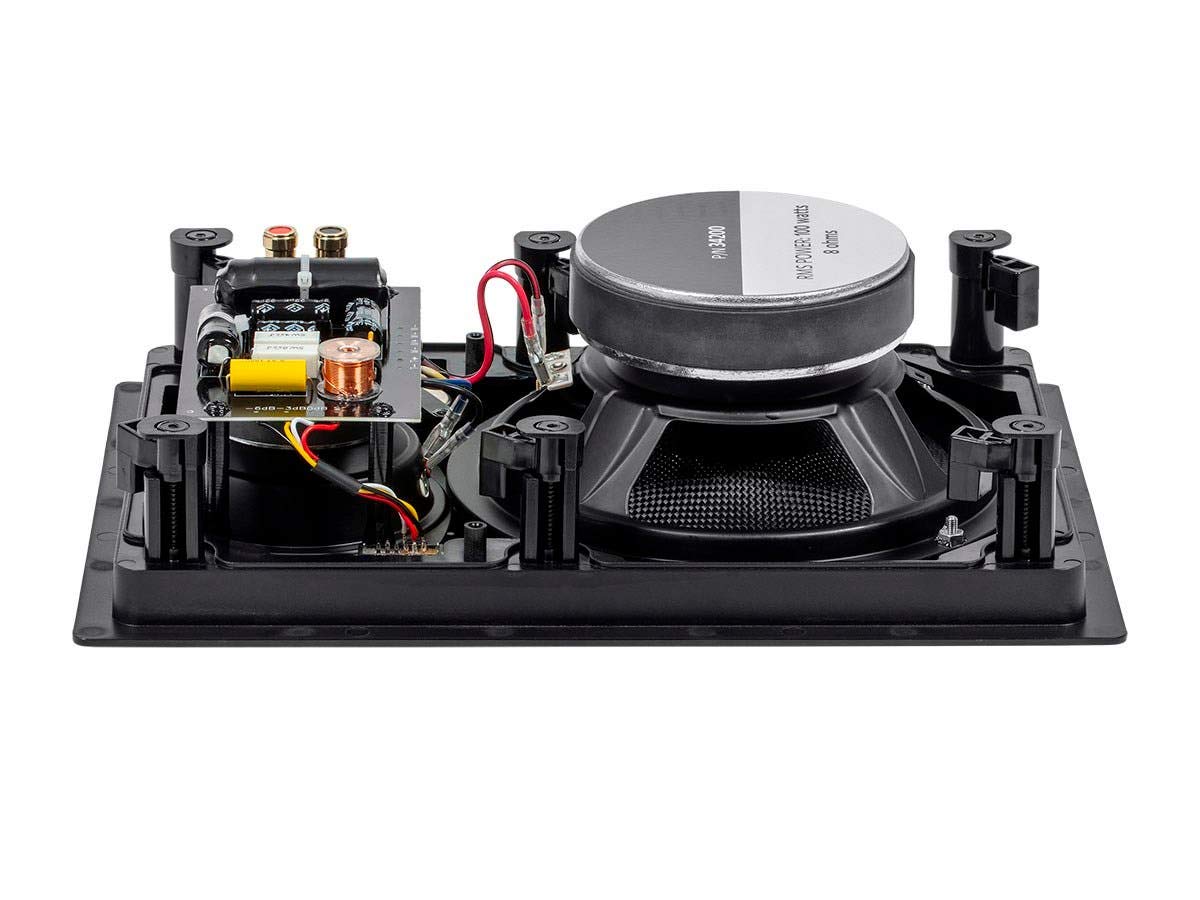 Monoprice Alpha 3-Way Carbon Fiber In-Wall 8-Inch woofer close-up shows powerful bass potential.