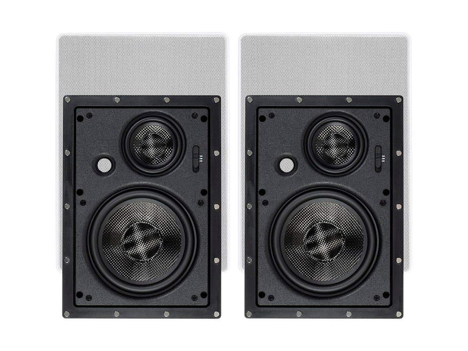 Monoprice Alpha 3-Way In-Wall Speakers front view with magnetic grille for clean wall integration.