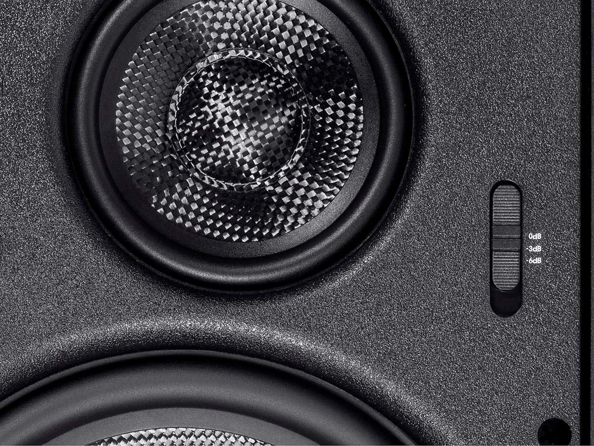Monoprice Alpha 3-Way Carbon Fiber in-wall silk dome tweeter close-up for crisp highs.