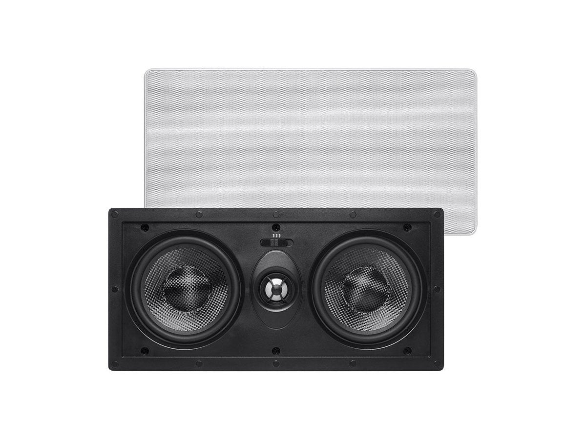 Monoprice Alpha Series front view showing off-white grille and slim profile for discreet install