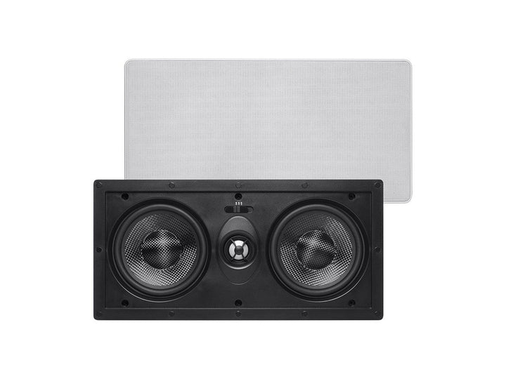 Monoprice Alpha Series front view showing off-white grille and slim profile for discreet install
