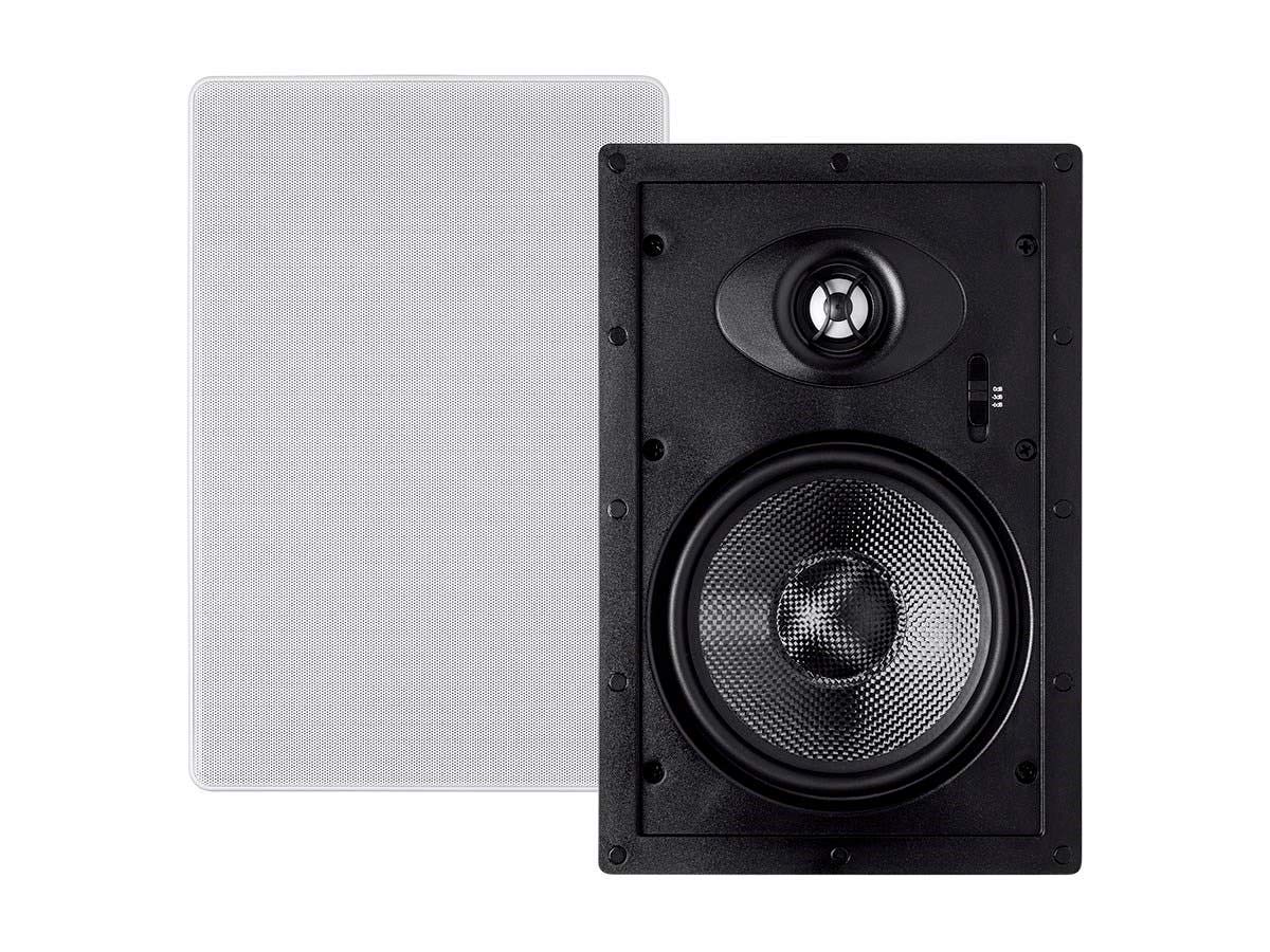 Monoprice Alpha Series carbon fiber in-wall speaker front view highlights powerful bass potential.