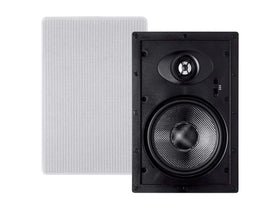 Monoprice Alpha Series carbon fiber in-wall speaker front view highlights powerful bass potential.