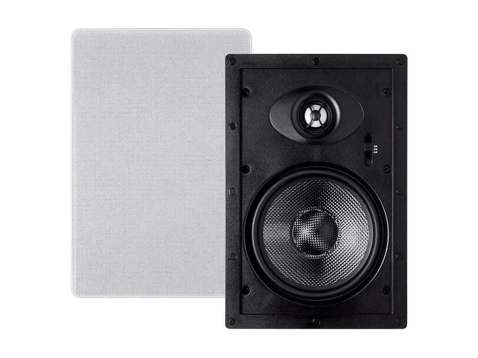 Monoprice Alpha Series carbon fiber in-wall speaker front view highlights powerful bass potential.