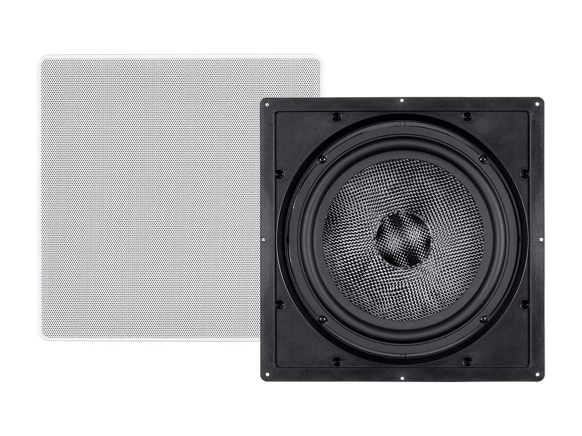 Monoprice Alpha Series in-wall speaker 10-inch with carbon fiber driver delivering deep, clean bass.