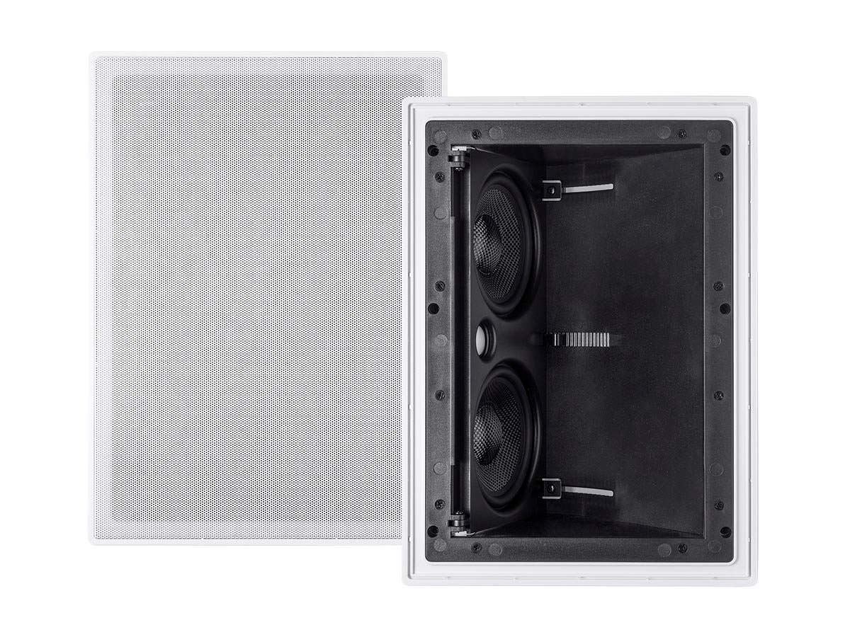 Monoprice Alpha Series in-wall speaker angled front for optimized listening position.
