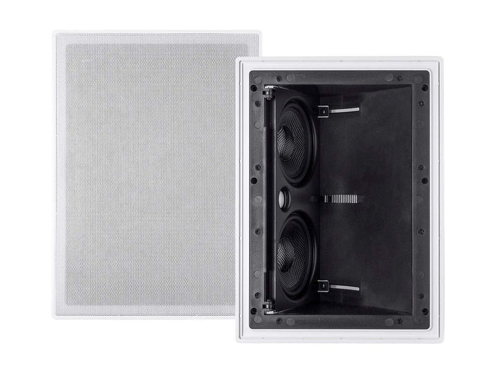 Monoprice Alpha Series in-wall speaker angled front for optimized listening position.