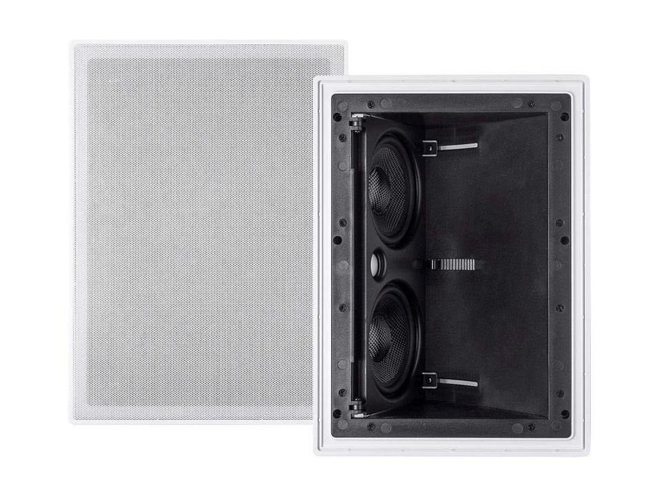 Monoprice Alpha Series in-wall speaker angled front for optimized listening position.