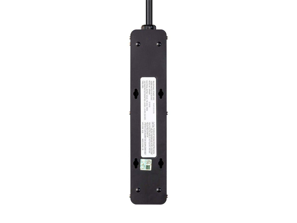 Monoprice black surge protector with overload resettable breaker for convenient resets.