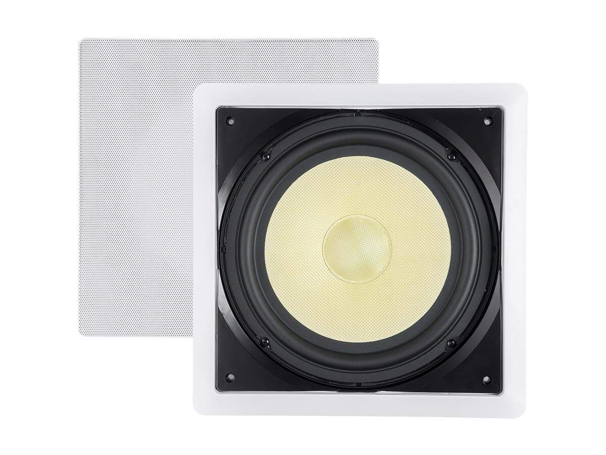 Monoprice Caliber in-wall subwoofer 10-inch profile blends with decor for discreet home theater.