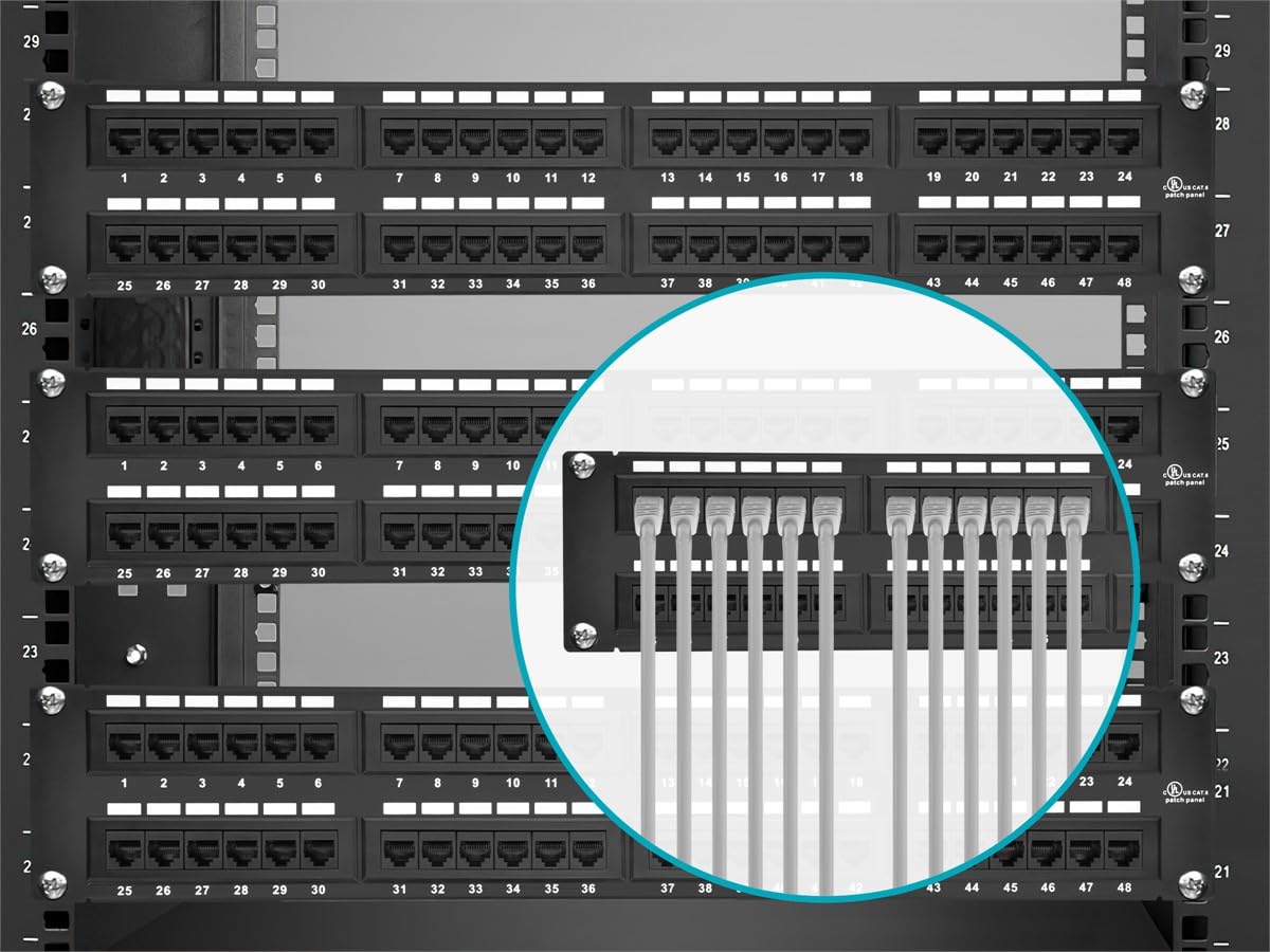 Monoprice Cat6 patch panel black steel finish emphasizes durability.