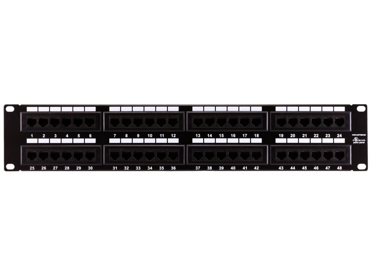 Monoprice Cat6 patch panel front view for organized, accessible port labeling.