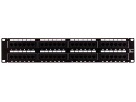 Monoprice Cat6 patch panel front view for organized, accessible port labeling.