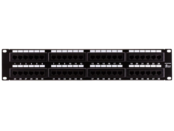 Monoprice Cat6 patch panel front view for organized, accessible port labeling.