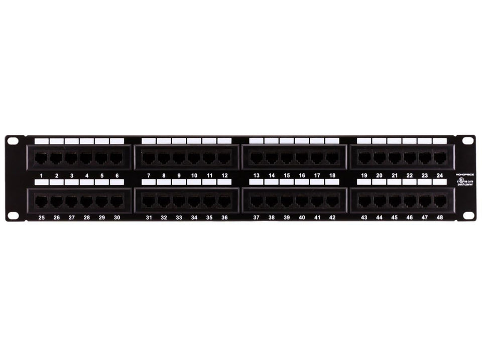 Monoprice Cat6 patch panel front view for organized, accessible port labeling.