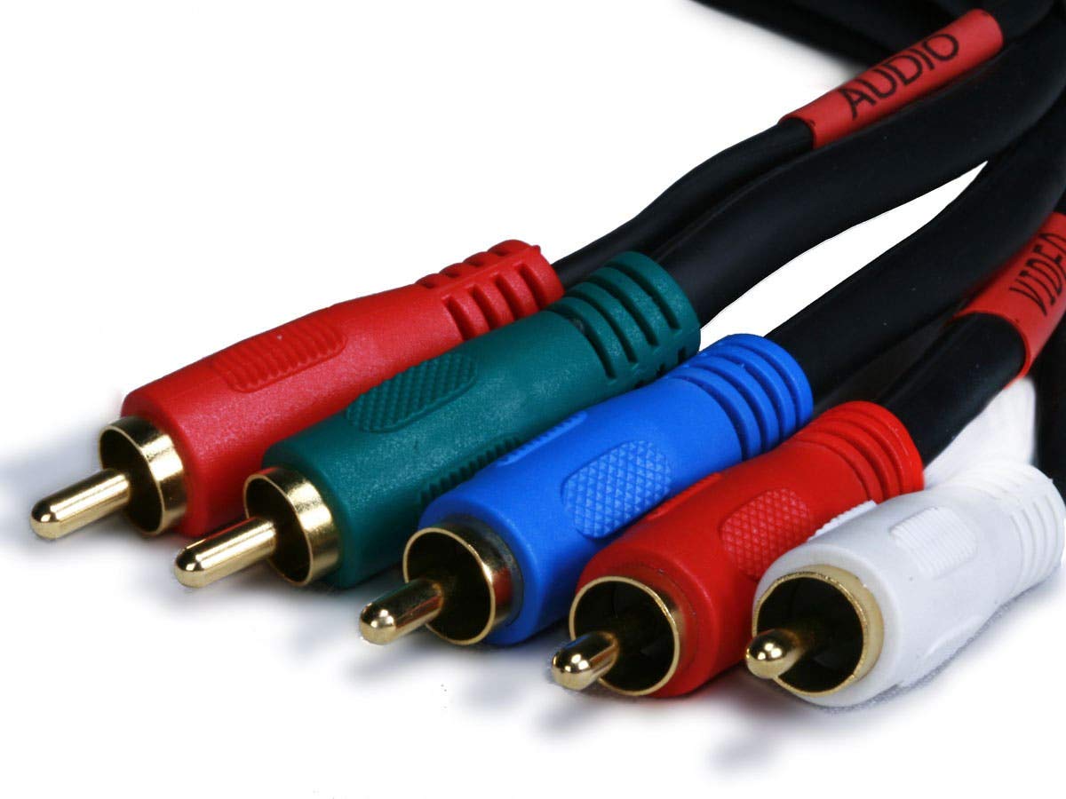 Monoprice gold-plated RCA close-up with color-coded rings, easy grab and corrosion resistance