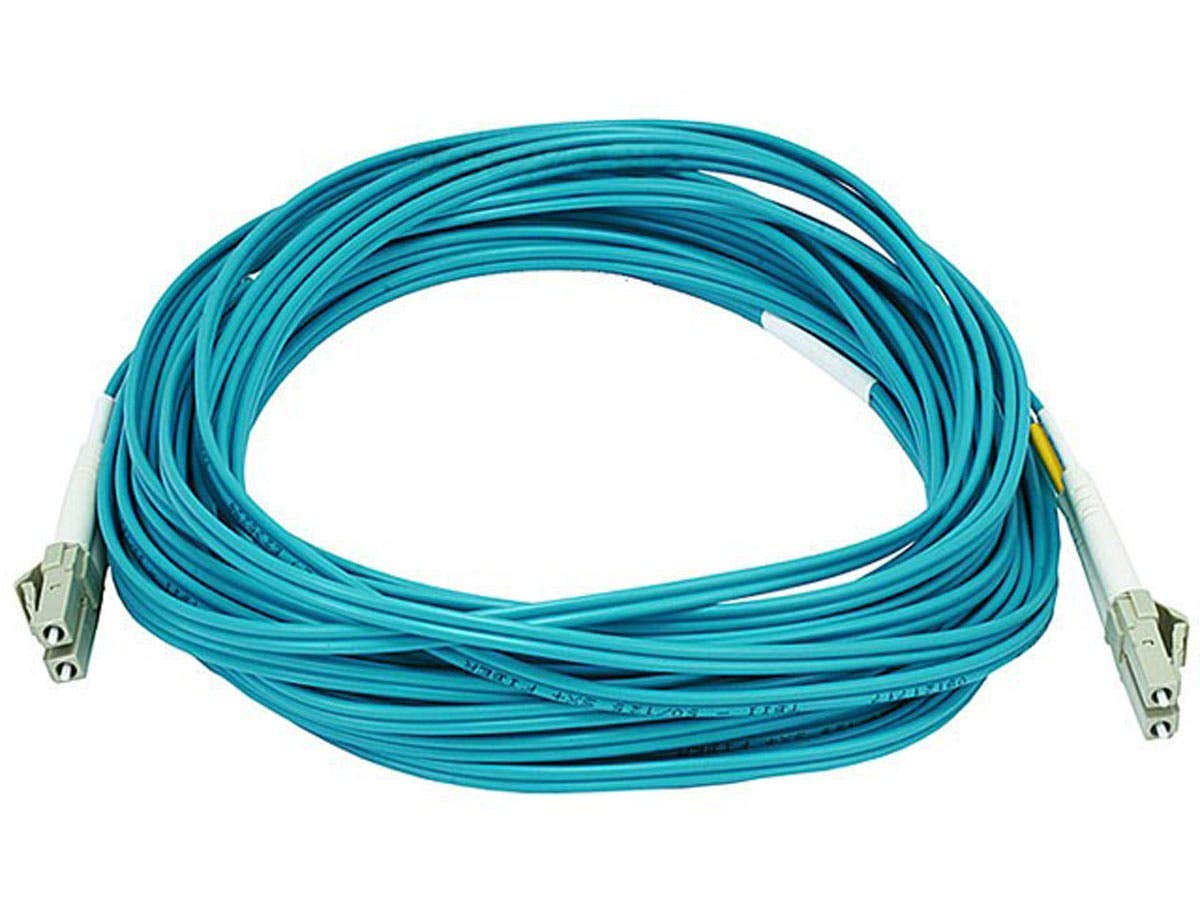 Monoprice OM3 Aqua LC to LC fiber cable for high-speed 10Gb Ethernet in data centers.