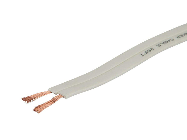 Monoprice flat speaker wire front packaging showing 100ft and CL2 rating benefit neat installation