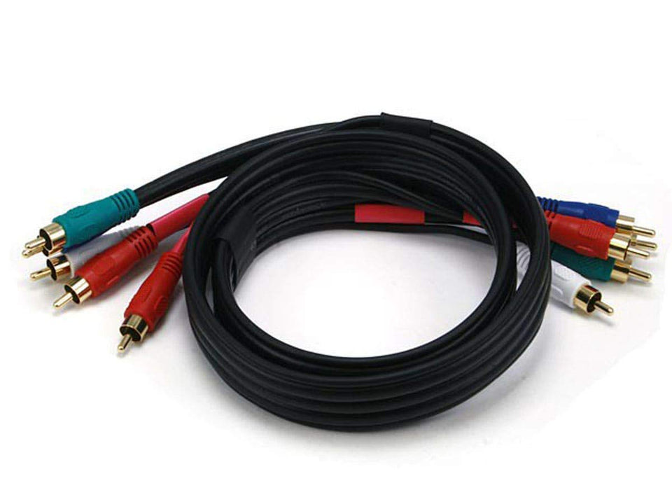 Monoprice 5-RCA component cable front view showing connectors and tidy bundle, ensures clean setup
