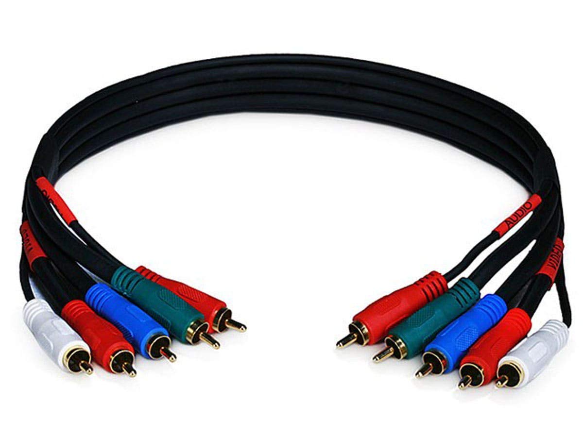 Monoprice 5-RCA cable front view showing connectors and black jacket, reliable analog hookup
