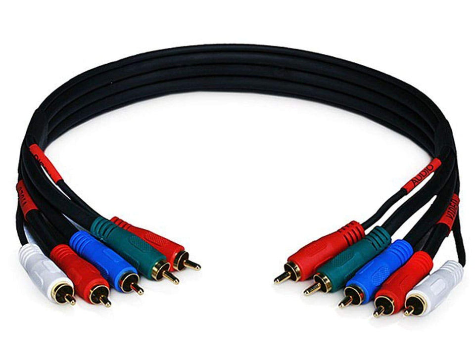 Monoprice 5-RCA cable front view showing connectors and black jacket, reliable analog hookup