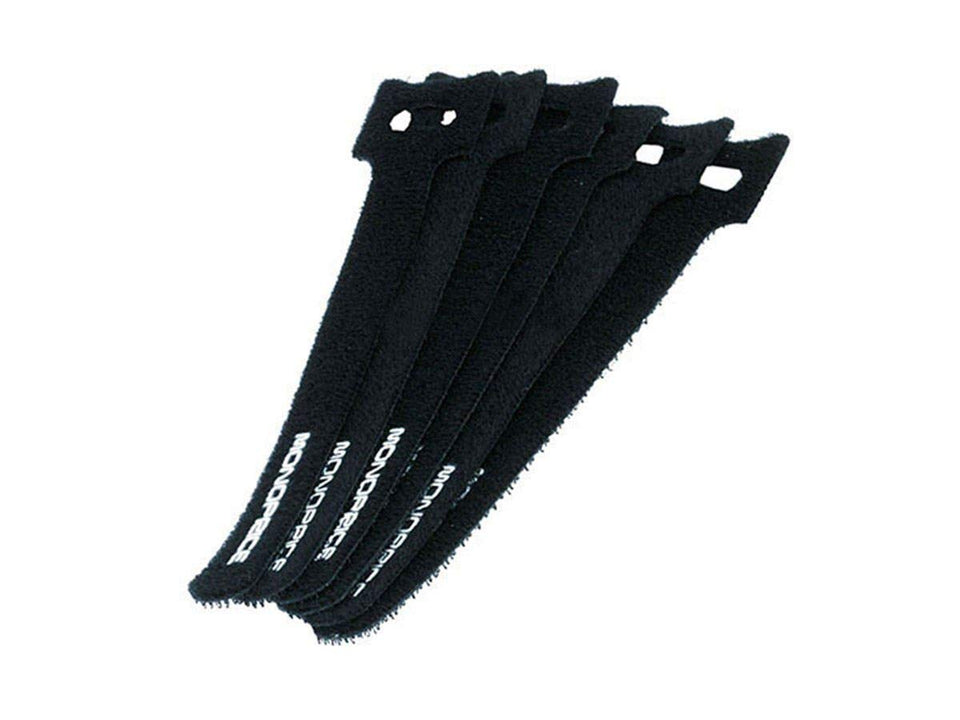Monoprice front packaging showing 50 black 6-inch hook and loop ties for tidy cable storage