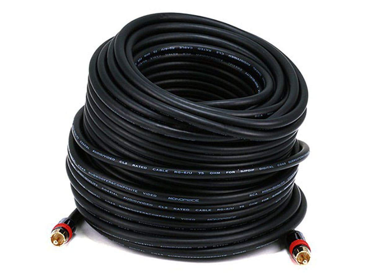 Monoprice front view of 100ft RG6 coaxial cable showing CL2 jacket and packaging, ensures safe in-wall routing
