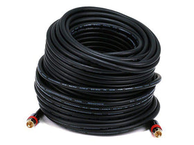 Monoprice front view of 100ft RG6 coaxial cable showing CL2 jacket and packaging, ensures safe in-wall routing