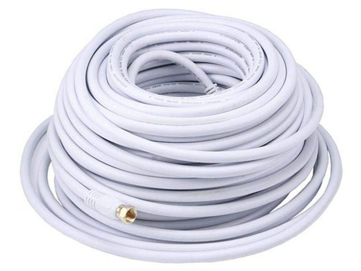 Monoprice 100ft RG6 coaxial cable coiled front view showing white jacket for neat installs