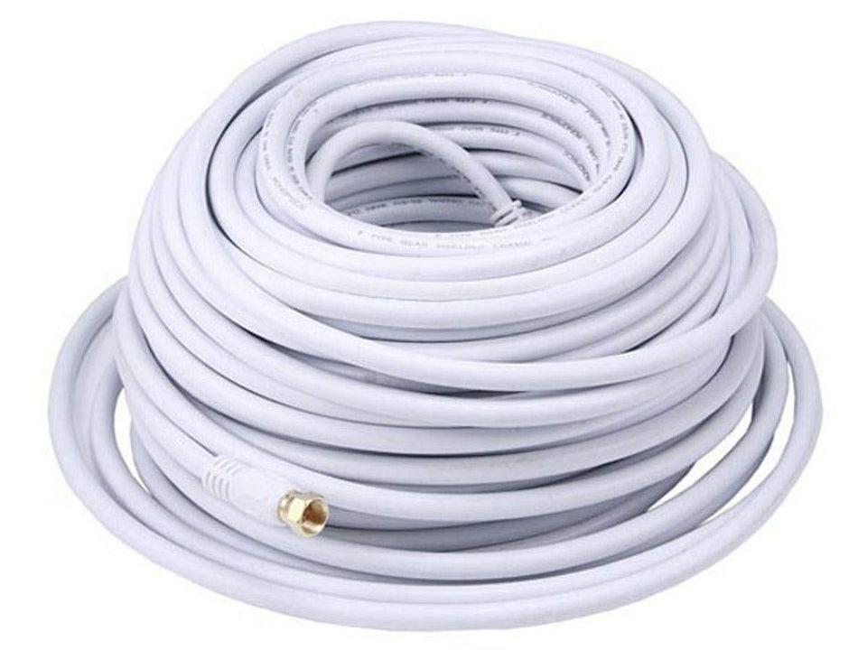 Monoprice 100ft RG6 coaxial cable coiled front view showing white jacket for neat installs