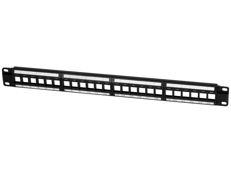 Monoprice front view of 24-port keystone panel showing numbered ports and black finish for tidy racks