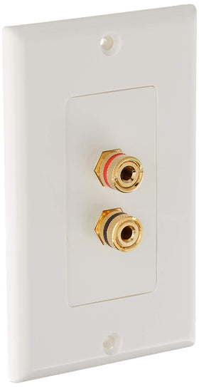 Monoprice front wall plate view showing gold binding post and tidy finish with polarity benefit