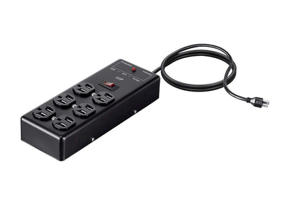Monoprice front view of metal surge power box showing outlets and benefits