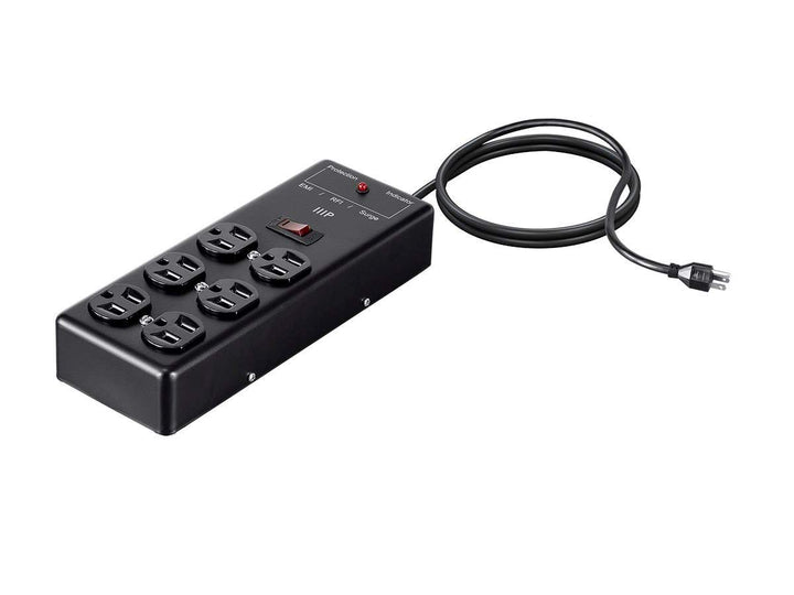Monoprice front view of metal surge power box showing outlets and benefits