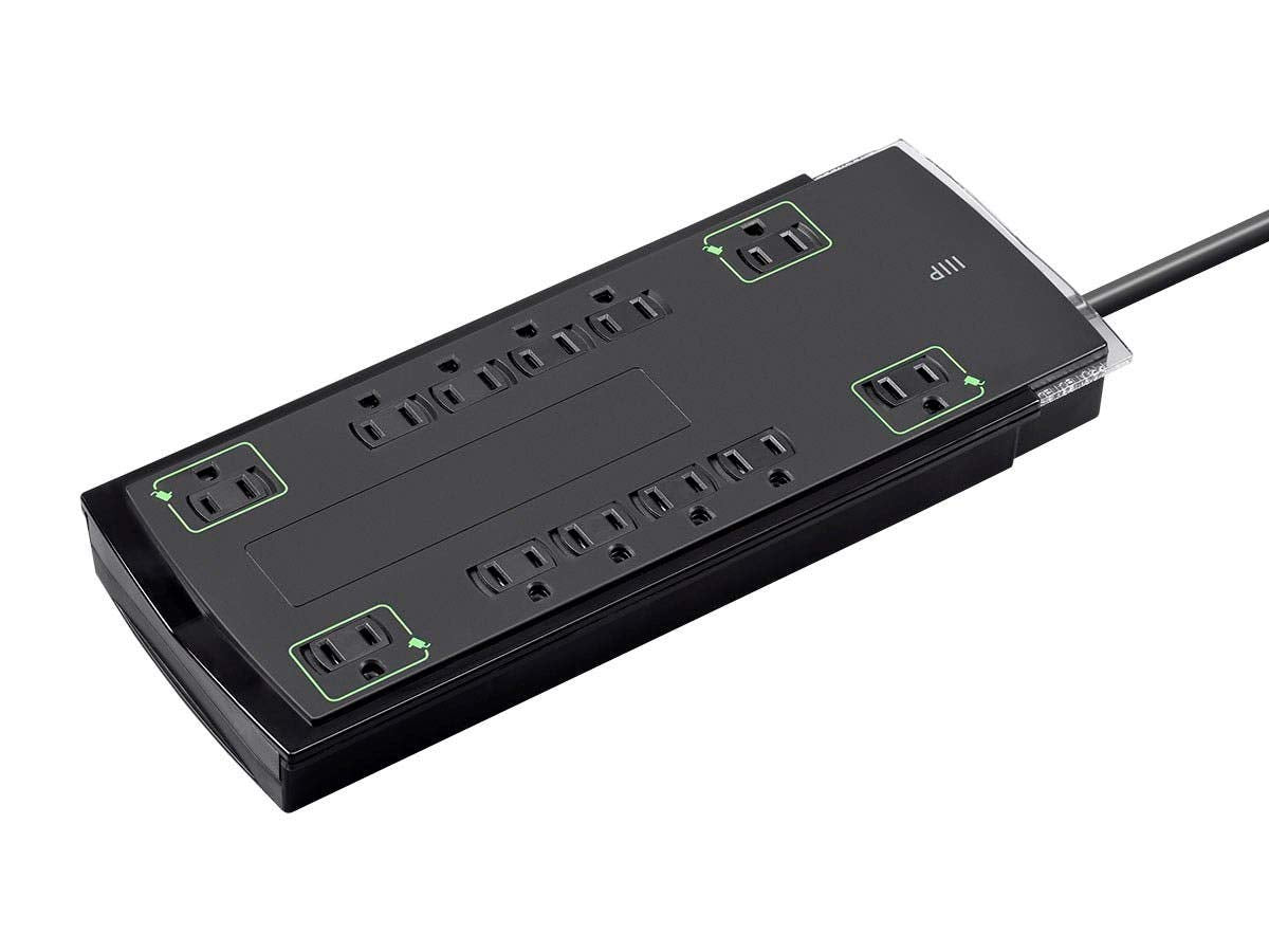 Monoprice front view slim surge protector showing 12 outlets and accessibility benefits
