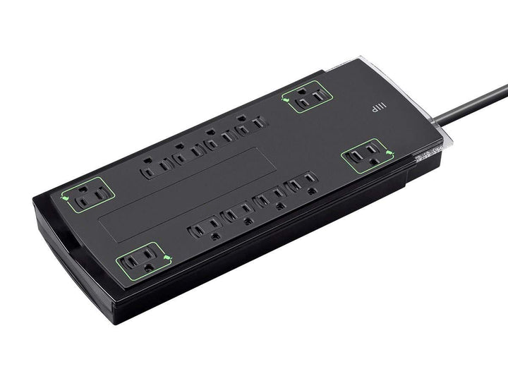 Monoprice front view slim surge protector showing 12 outlets and accessibility benefits